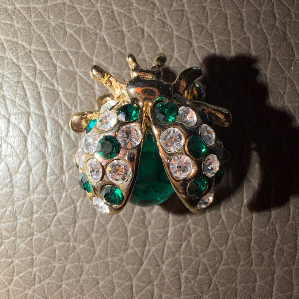 Vintage Green Jelly Belly Ladybug Insect Brooch Pin Rhinestones Gold Tone Estate